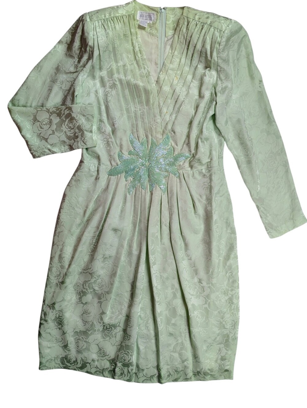 Mint Green Long Sleeve Pleated Dress with Floral Sequin Applique